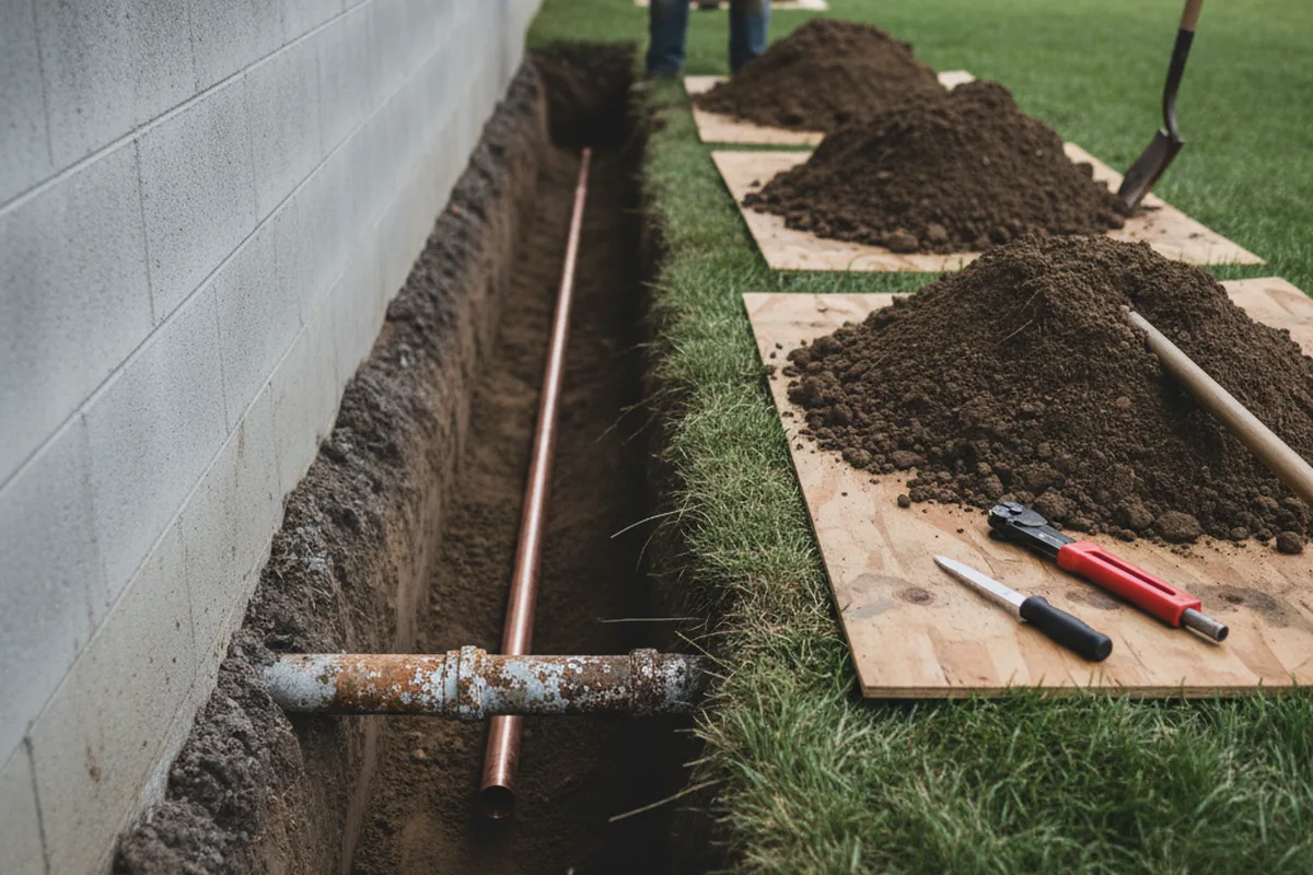 Excavated water line trench during Sewer Line Repair in Willow Hill